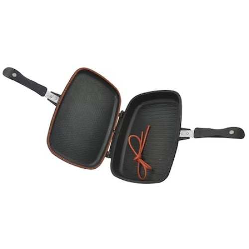 Tigaie dubla grill, interior antiaderent, manere din bachelita, confectionata din aluminiu, negru