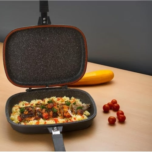 Tigaie dubla grill, interior antiaderent, manere din bachelita, confectionata din aluminiu, negru