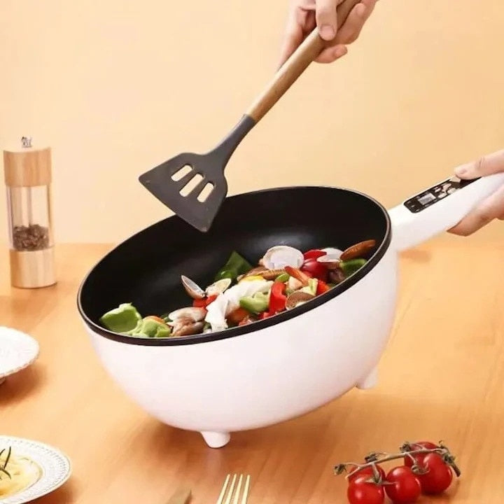 Tigaie electrica, multifunctionala, diametru 26cm, capacitate 2.5L, cu panou de control inteligent, invelis antiaderent, portabila si usor de depozitat, 4 functii, gatire rapida, alb