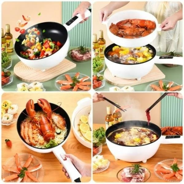 Tigaie electrica, multifunctionala, diametru 26cm, capacitate 2.5L, cu panou de control inteligent, invelis antiaderent, portabila si usor de depozitat, 4 functii, gatire rapida, alb