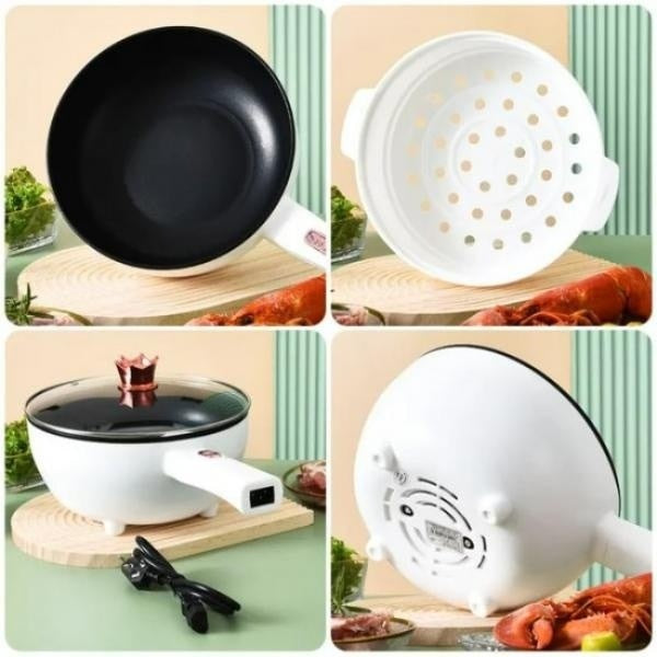 Tigaie electrica, multifunctionala, diametru 26cm, capacitate 2.5L, cu panou de control inteligent, invelis antiaderent, portabila si usor de depozitat, 4 functii, gatire rapida, alb