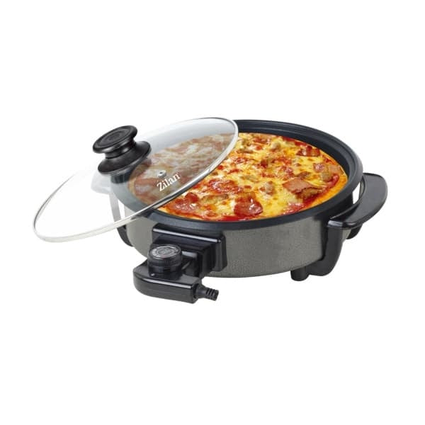 Tigaie electrica rotunda 36 cm, putere 1500W, capac sticla, grill pizza