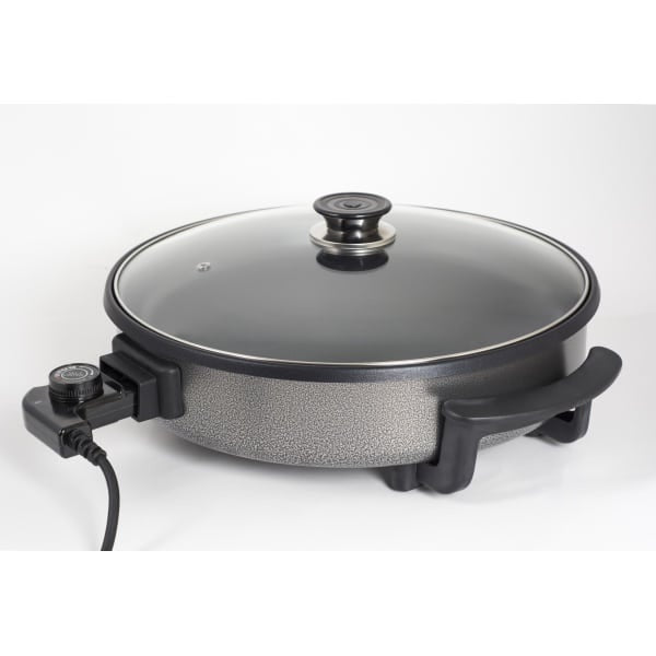 Tigaie electrica rotunda 38 cm cu termostat si capac de sticla, putere 1500W