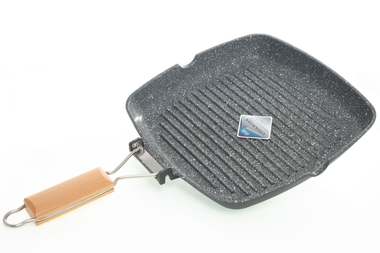 Tigaie grill 28 cm, aluminiu cu interior granit, maner pliabil, compatibila inductie