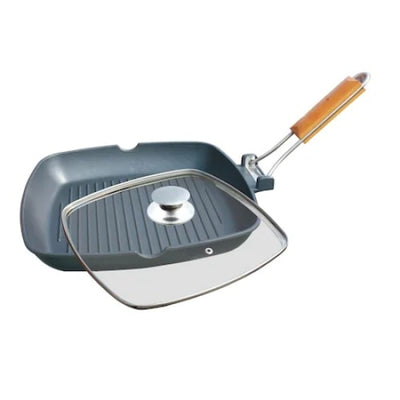Tigaie tip grill, cu capac din sticla termorezistenta, dimensiuni 28x28 cm, cu maner din lemn, negru