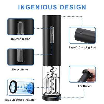 Tirbuson electric, cu acumulator reincarcabil si accesoriu pentru taiat folia, negru