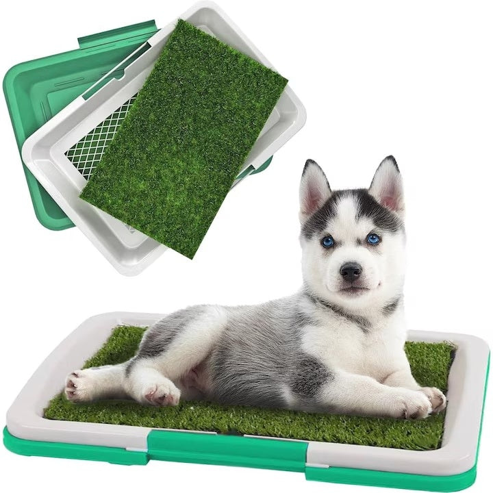 Toaleta Tip Litiera, pentru caini si pisici, cu covoras din iarba artificiala, din ABS, pentru casa sau terasa, verde