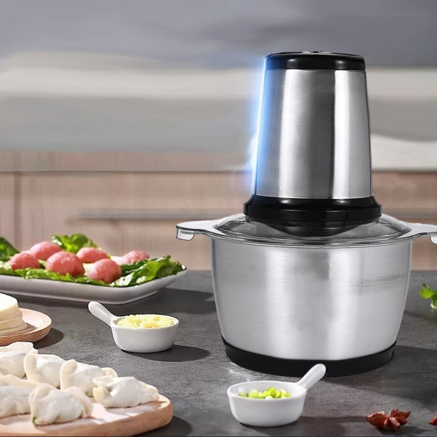 Tocator electric, cu vas din inox, capacitate 2L, putere 250W, cu lame ascutite si durabile, negru/gri