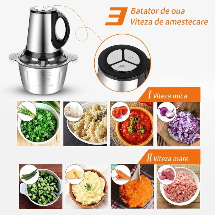 Tocator electric pentru carne si legume, capacitate 3L, 4 lame din otel inoxidabil de inalta calitate, putere 1000 W, recipient din inox, argintiu