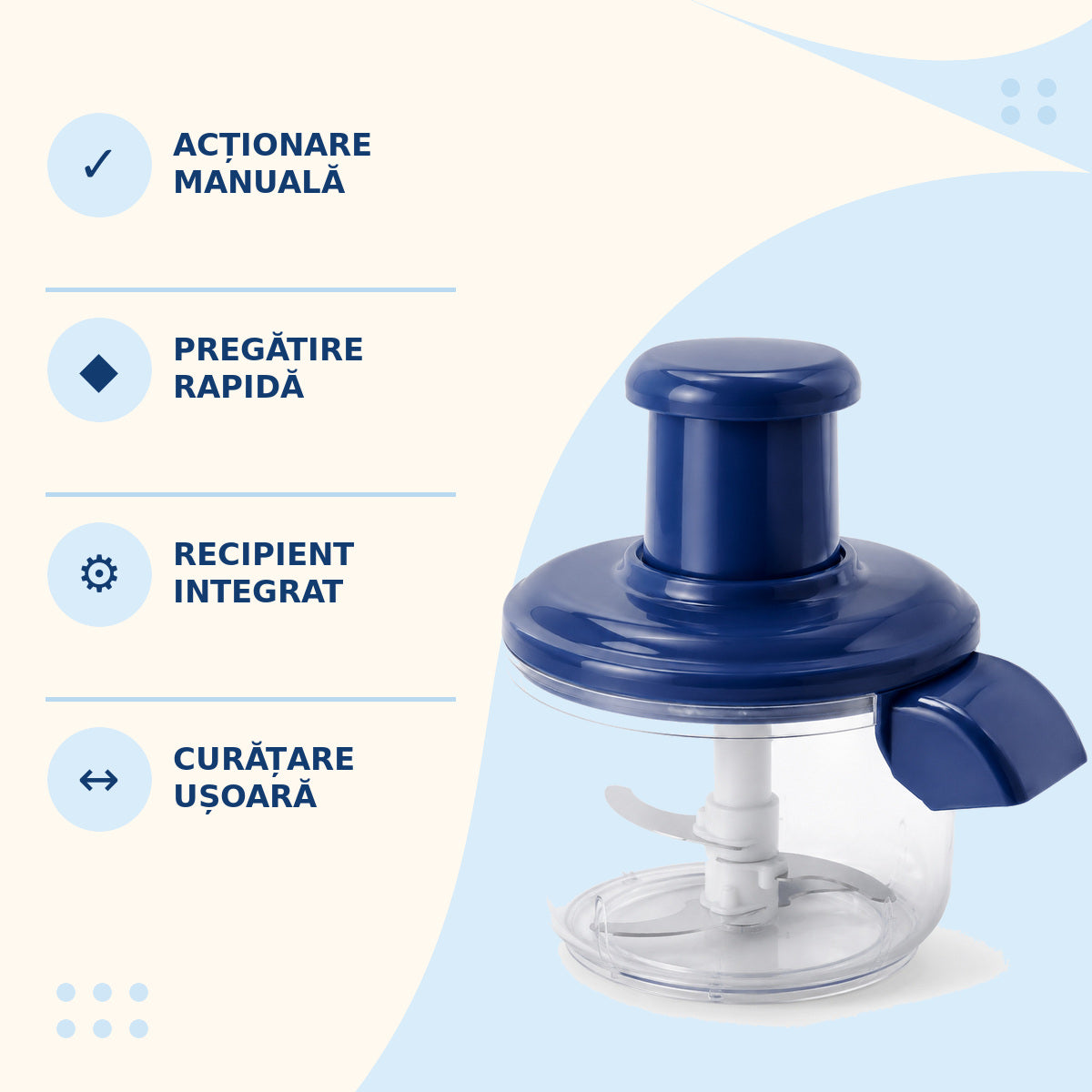 Tocător Manual pentru Legume și Fructe, cu Mecanism prin Apăsare, Albastru – caracteristici