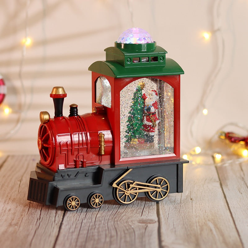 Tren locomotiva decorativa, glob Craciun cu Mos Craciun, bradut si ninsoare, ventilator zapada, functie muzicala si jocuri de lumini LED, rosu