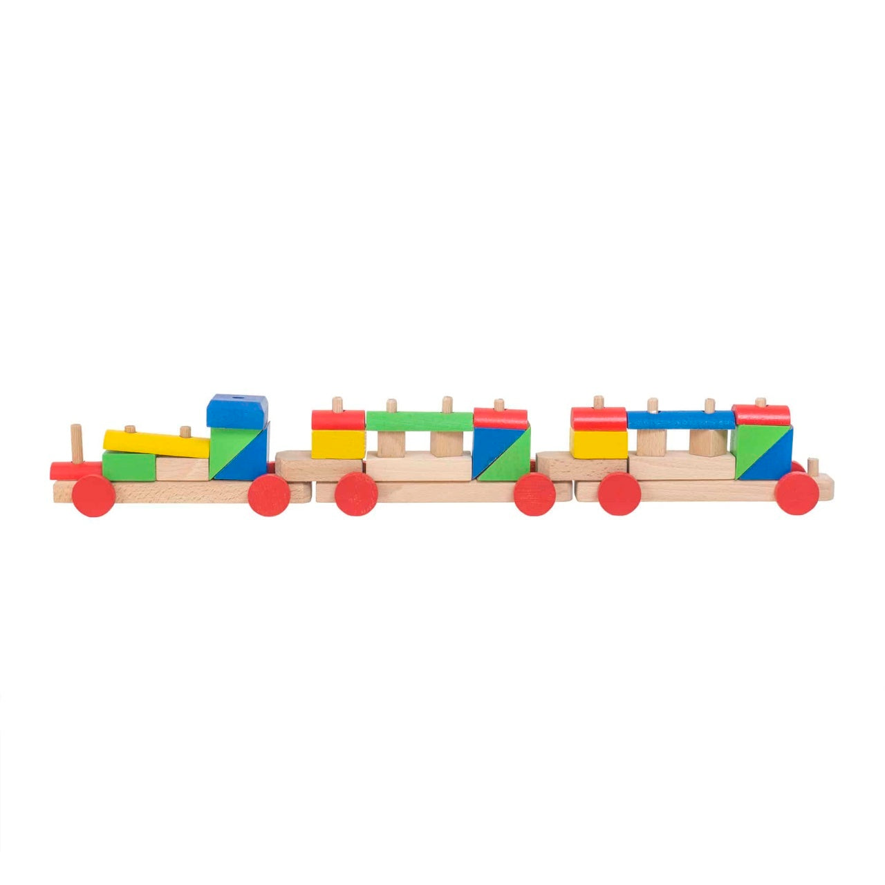 Trenulet din lemn fag cu locomotiva si 2 vagoane, 58x5x9cm, forme geometrice