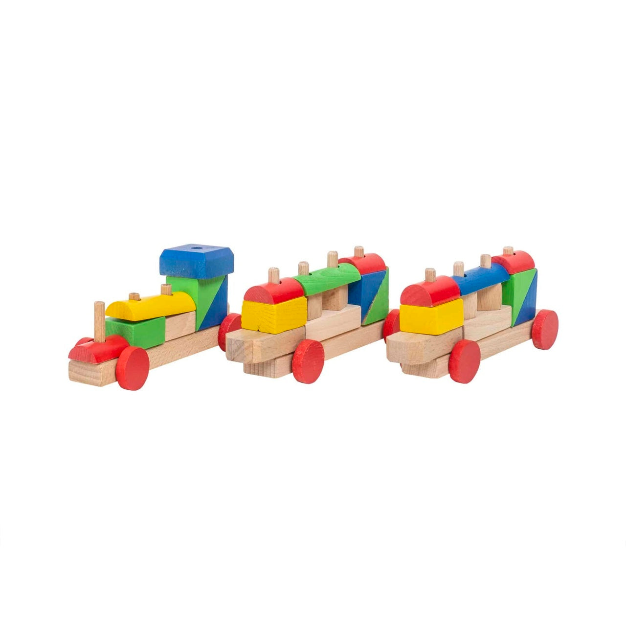 Trenulet din lemn fag cu locomotiva si 2 vagoane, 58x5x9cm, forme geometrice