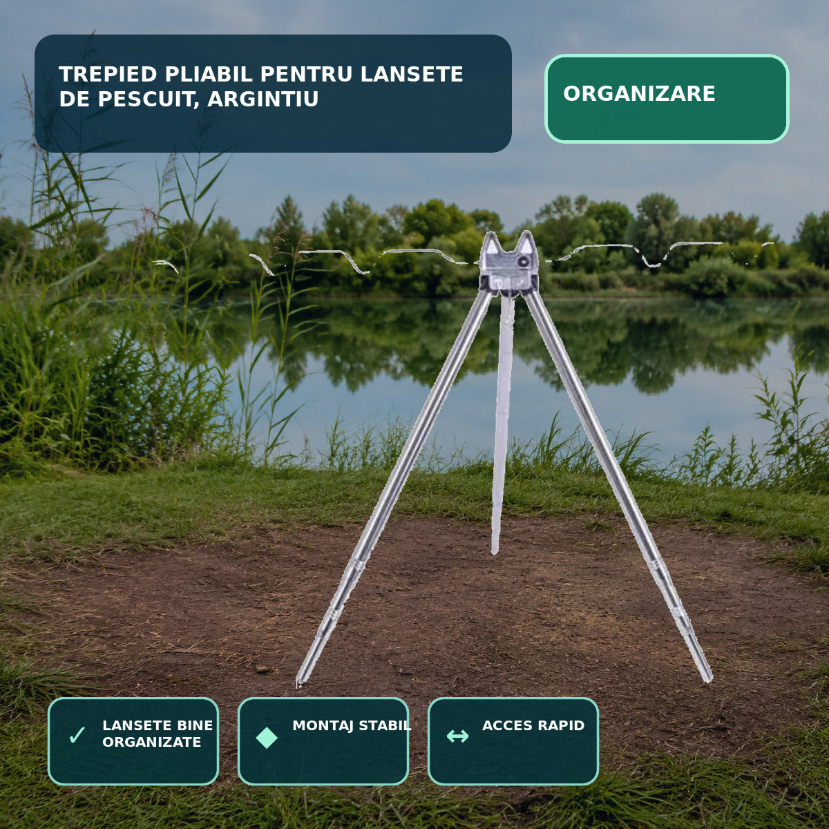Trepied Pliabil pentru Lansete de Pescuit, Argintiu – imagine principală