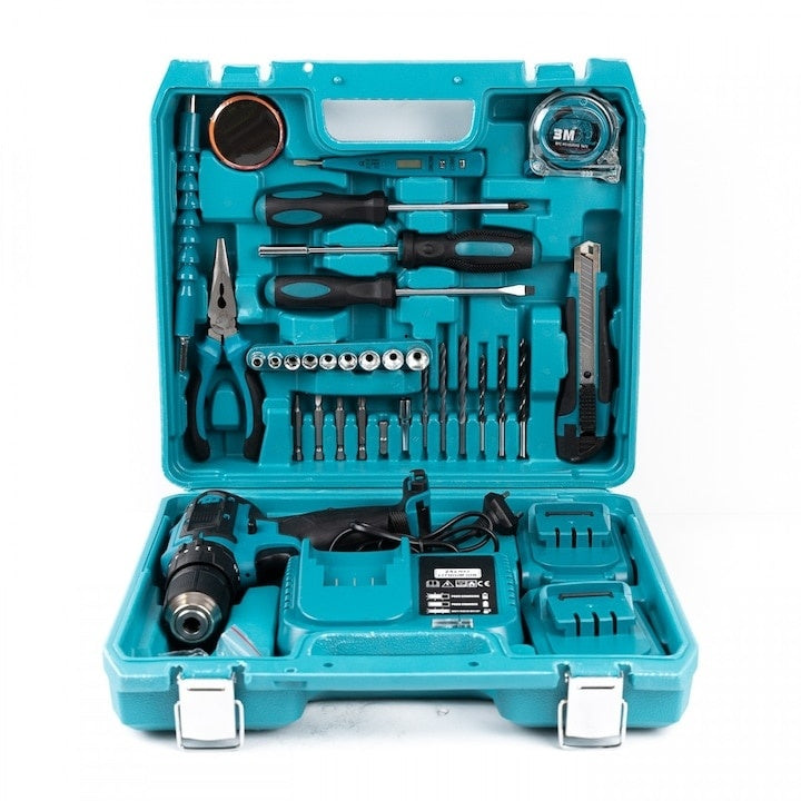 Trusa autofiletanta cu percutie, 30 de accesorii, cu 2 acumulatori si incarcator, 24V, 450-1700 rpm, mandrina automata, negru/verde