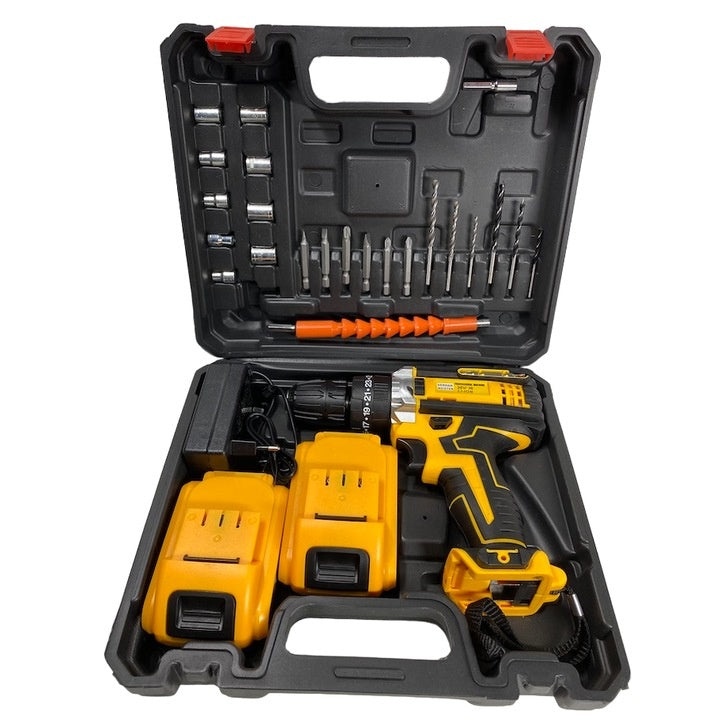 Trusa bormasina cu percutie, cu 2 acumulatori 36V, 26 accesorii, in cutie din plastic dur, negru/galben
