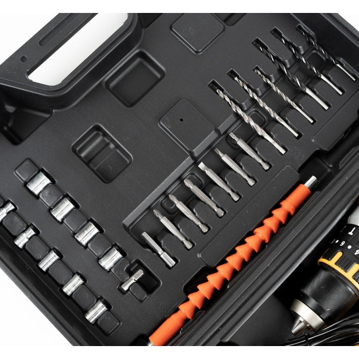 Trusa bormasina cu percutie, cu 2 acumulatori 36V, 26 accesorii, in cutie din plastic dur, negru/galben