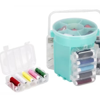Trusa de cusut si croitorie, portabila, cu 200 piese, si organizator din plastic cu maner, albastru