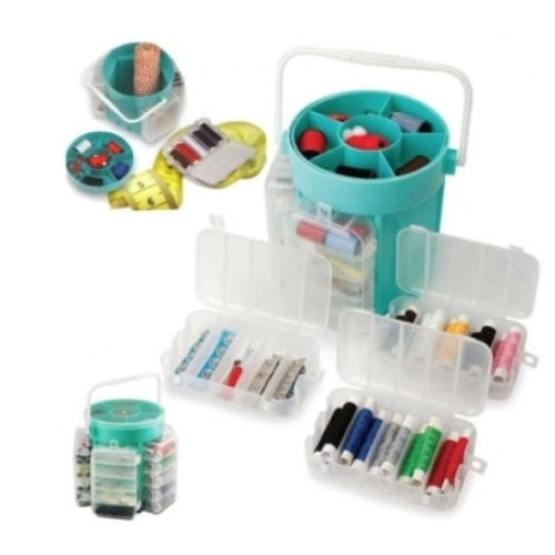 Trusa de cusut si croitorie, portabila, cu 200 piese, si organizator din plastic cu maner, albastru