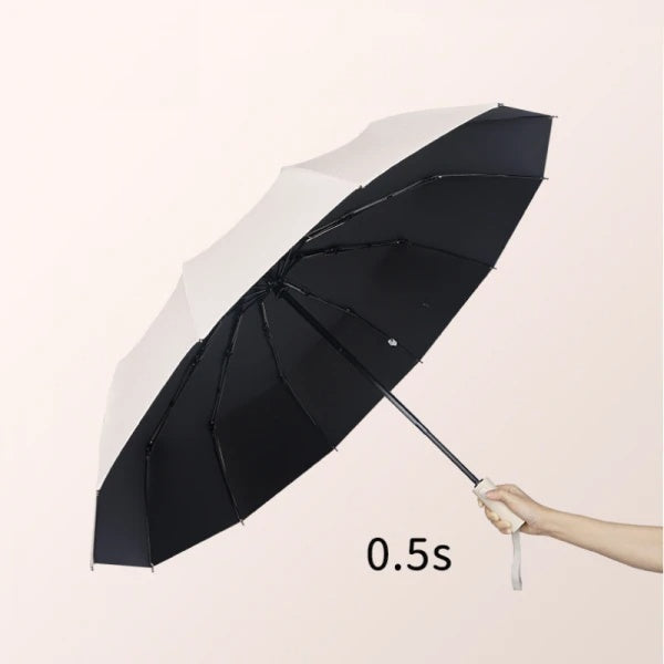 Umbrela telescopica automata, impermeabila, protective UV, rezistenta la vant, 12 coaste rezistente, din otel si vinil, bej