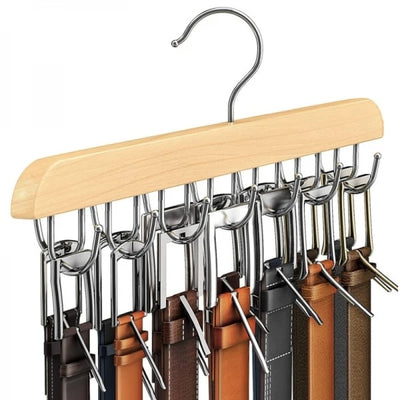Umeras din lemn si otel, cu 14 suporturi rotative 360°, pentru curele, dimensiuni 37 cm x 14 cm, argintiu/maro