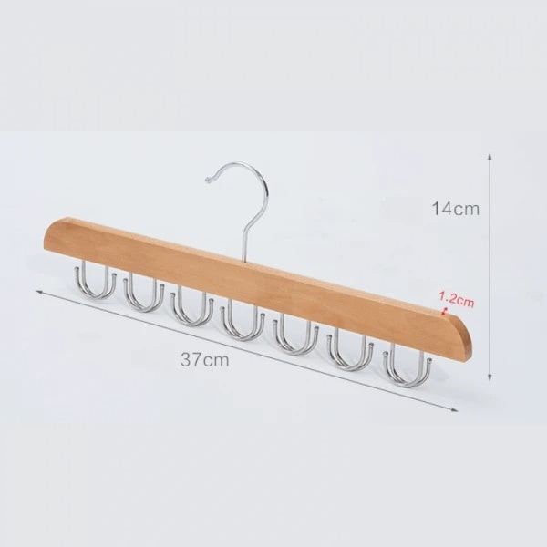 Umeras din lemn si otel, cu 14 suporturi rotative 360°, pentru curele, dimensiuni 37 cm x 14 cm, argintiu/maro