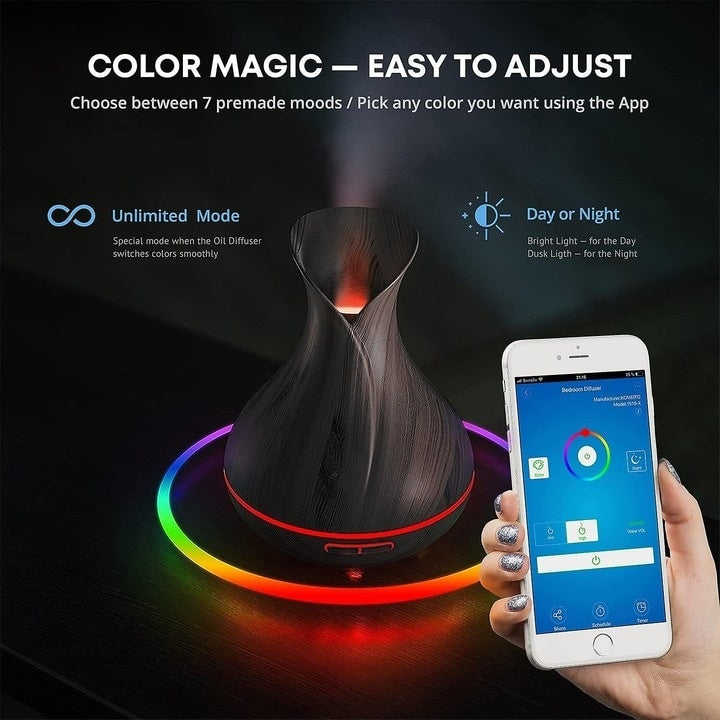 Umidificator aromaterapie, capacitate 550ml, cu ultrasunete, cu lumini ambientale, lemn inchis
