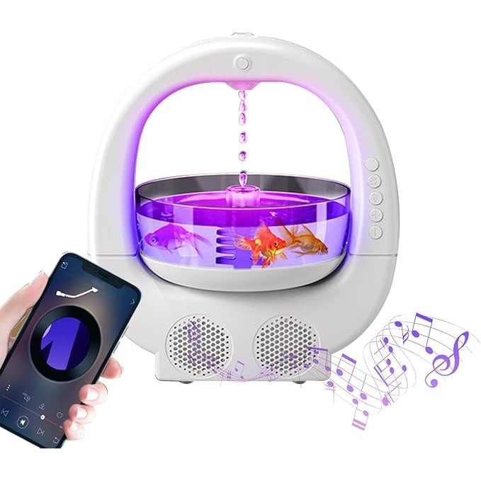 Umidificator multifunctional, cu bol pentru pesti, picatura de apa, boxa bluetooth, 6 culori RGB, capacitate 700 ml, dimensiuni 23 x 25.6 x 16.2 cm, din ABS, alb