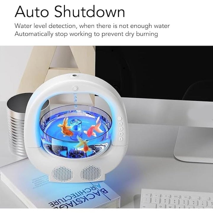 Umidificator multifunctional, cu bol pentru pesti, picatura de apa, boxa bluetooth, 6 culori RGB, capacitate 700 ml, dimensiuni 23 x 25.6 x 16.2 cm, din ABS, alb