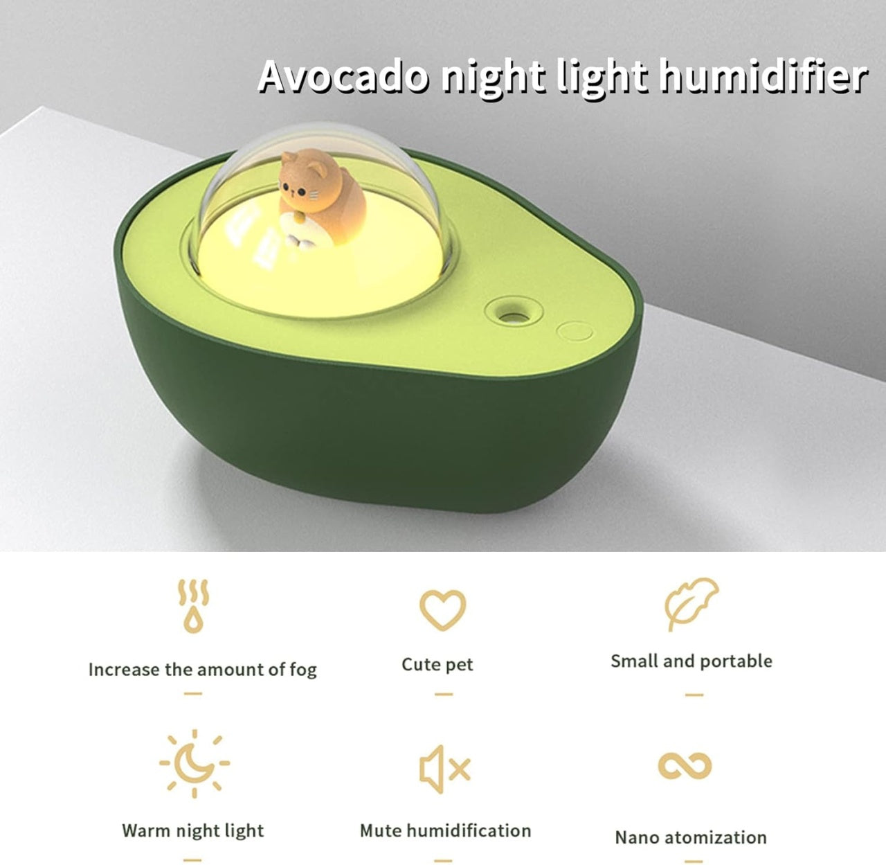 Umidificator portabil avocado, functie unica, 7.1oz, fara fir, 320 ml