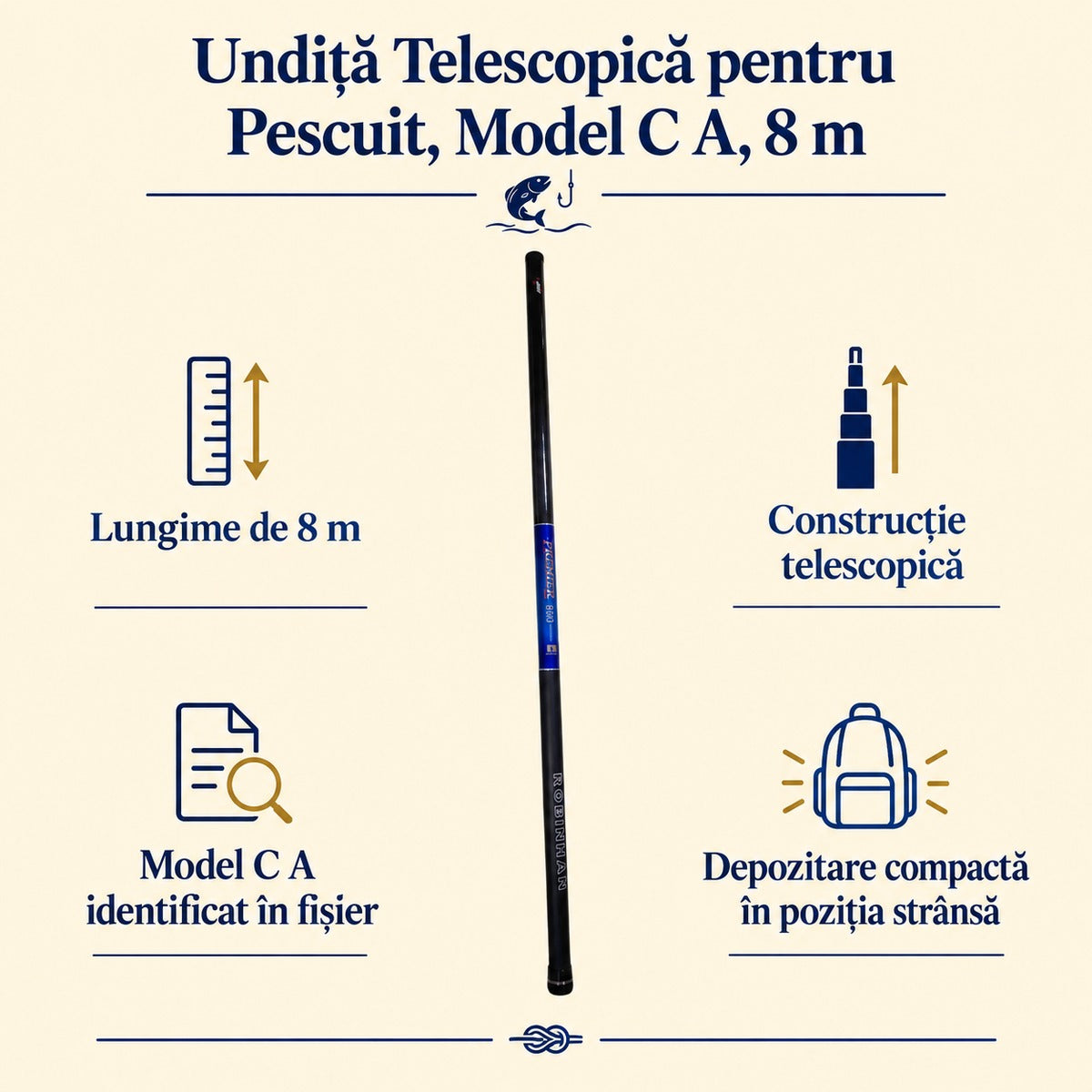 Undiță Telescopică pentru Pescuit, Model C A, 8 m – caracteristici și beneficii