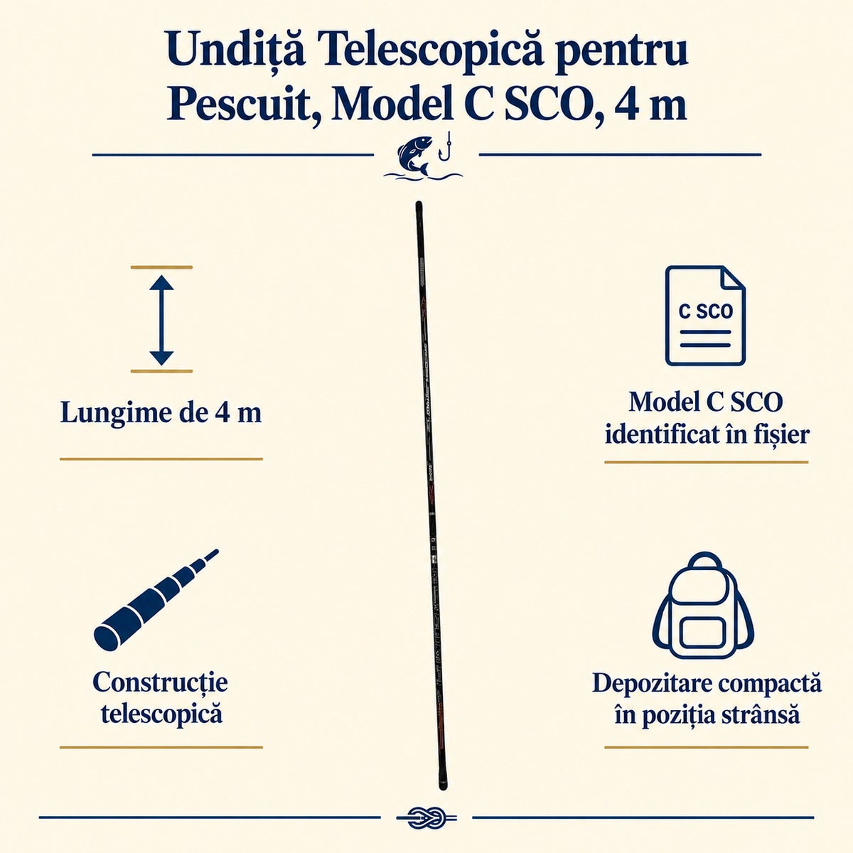 Undiță Telescopică pentru Pescuit, Model C SCO, 4 m – caracteristici și beneficii