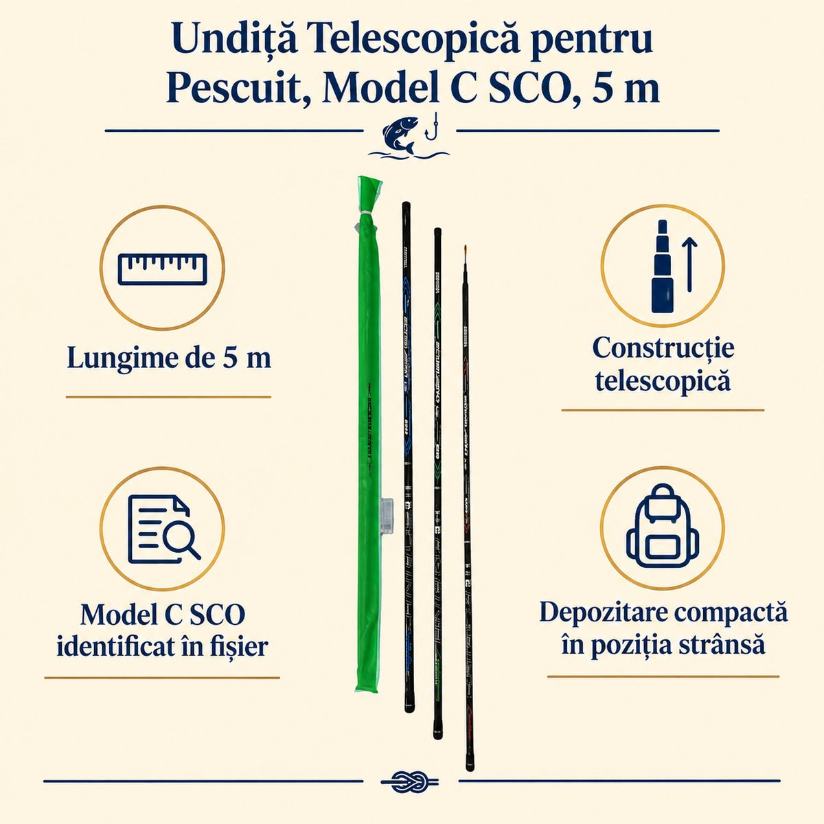 Undiță Telescopică pentru Pescuit, Model C SCO, 5 m – caracteristici și beneficii