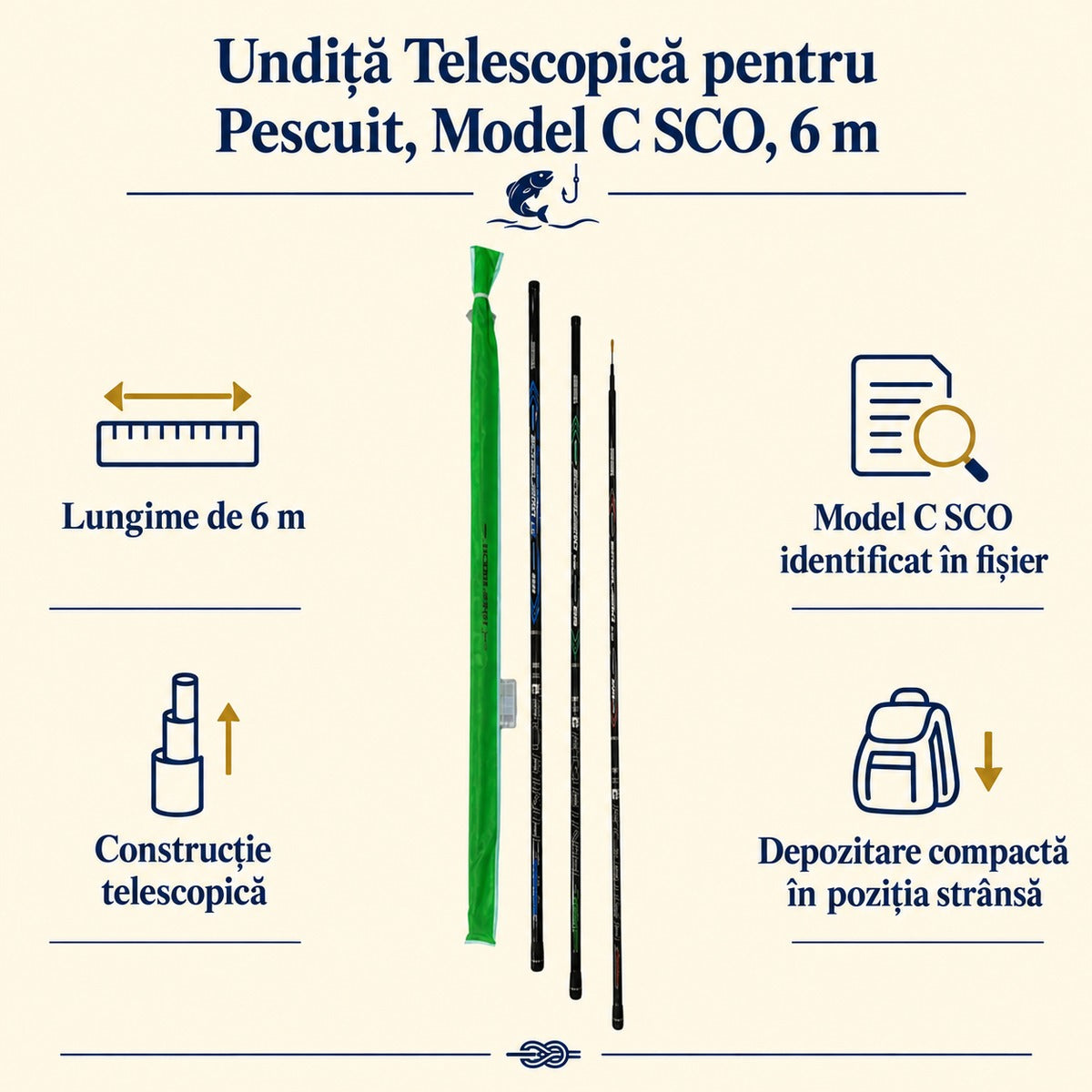 Undiță Telescopică pentru Pescuit, Model C SCO, 6 m – caracteristici și beneficii