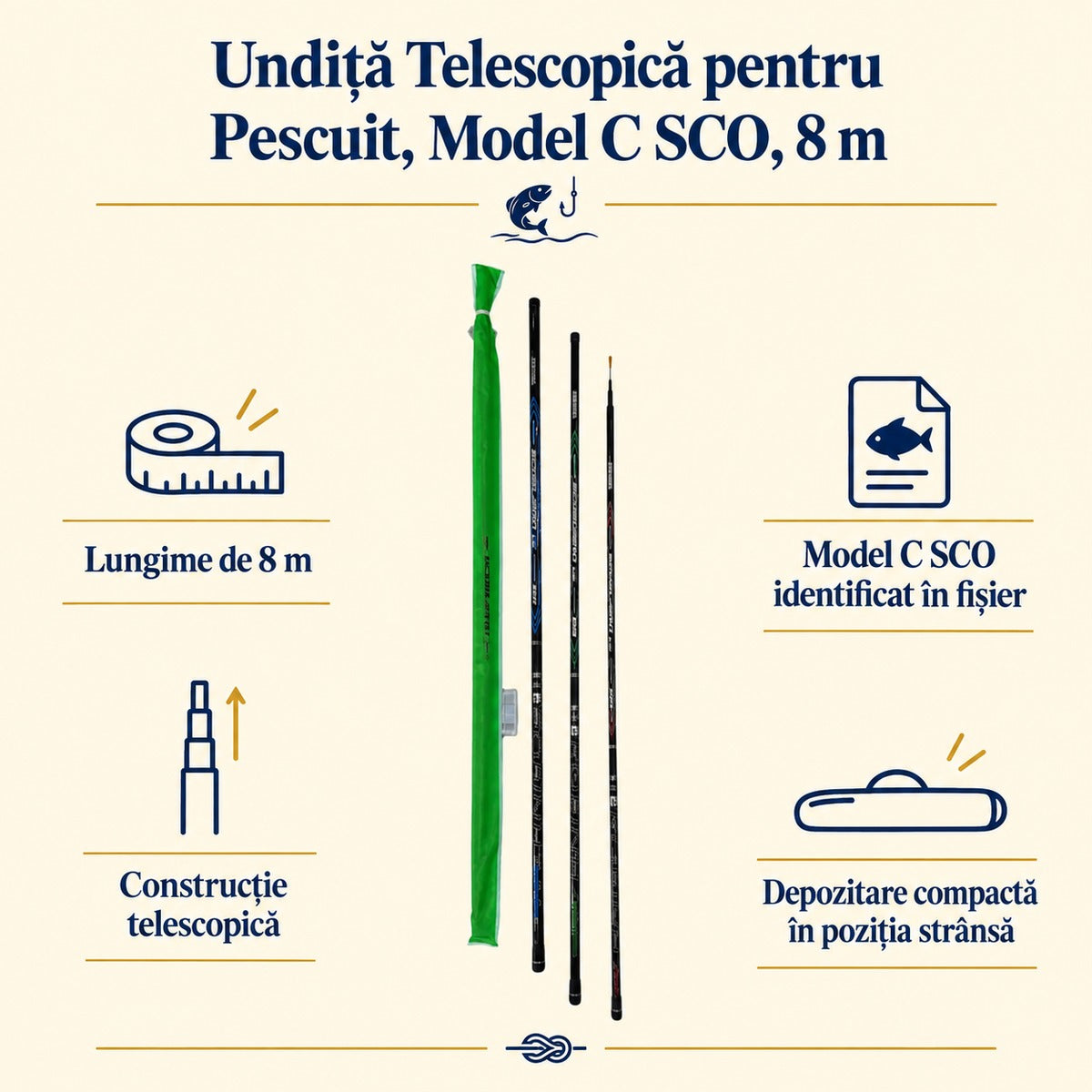 Undiță Telescopică pentru Pescuit, Model C SCO, 8 m – caracteristici și beneficii