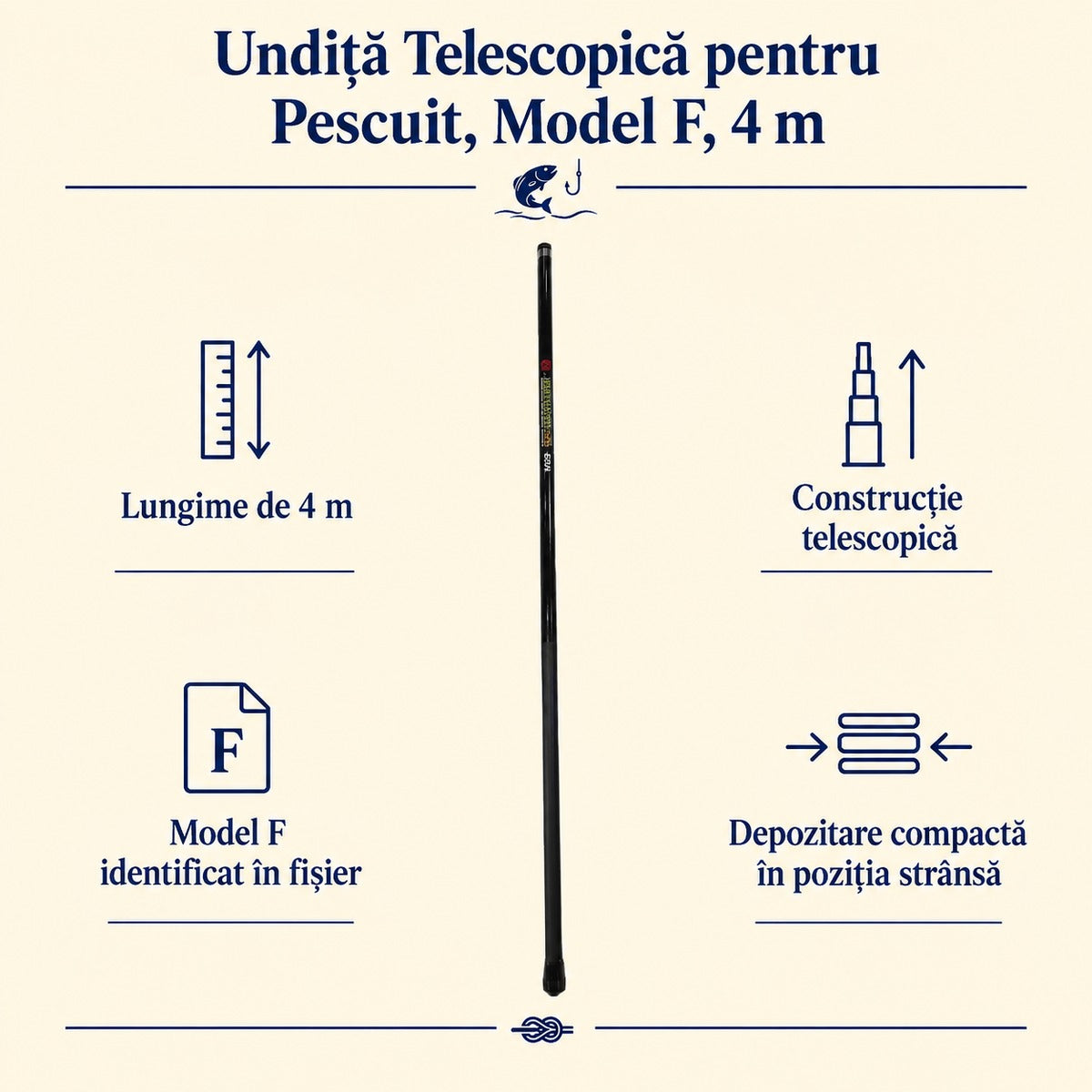 Undiță Telescopică pentru Pescuit, Model F, 4 m – caracteristici și beneficii
