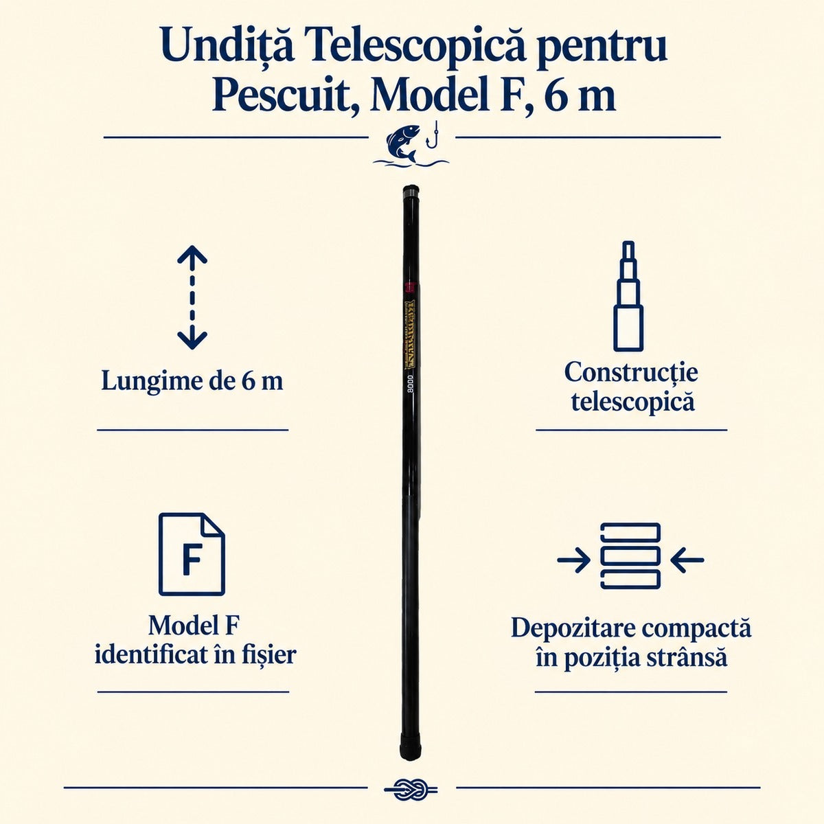 Undiță Telescopică pentru Pescuit, Model F, 6 m – caracteristici și beneficii
