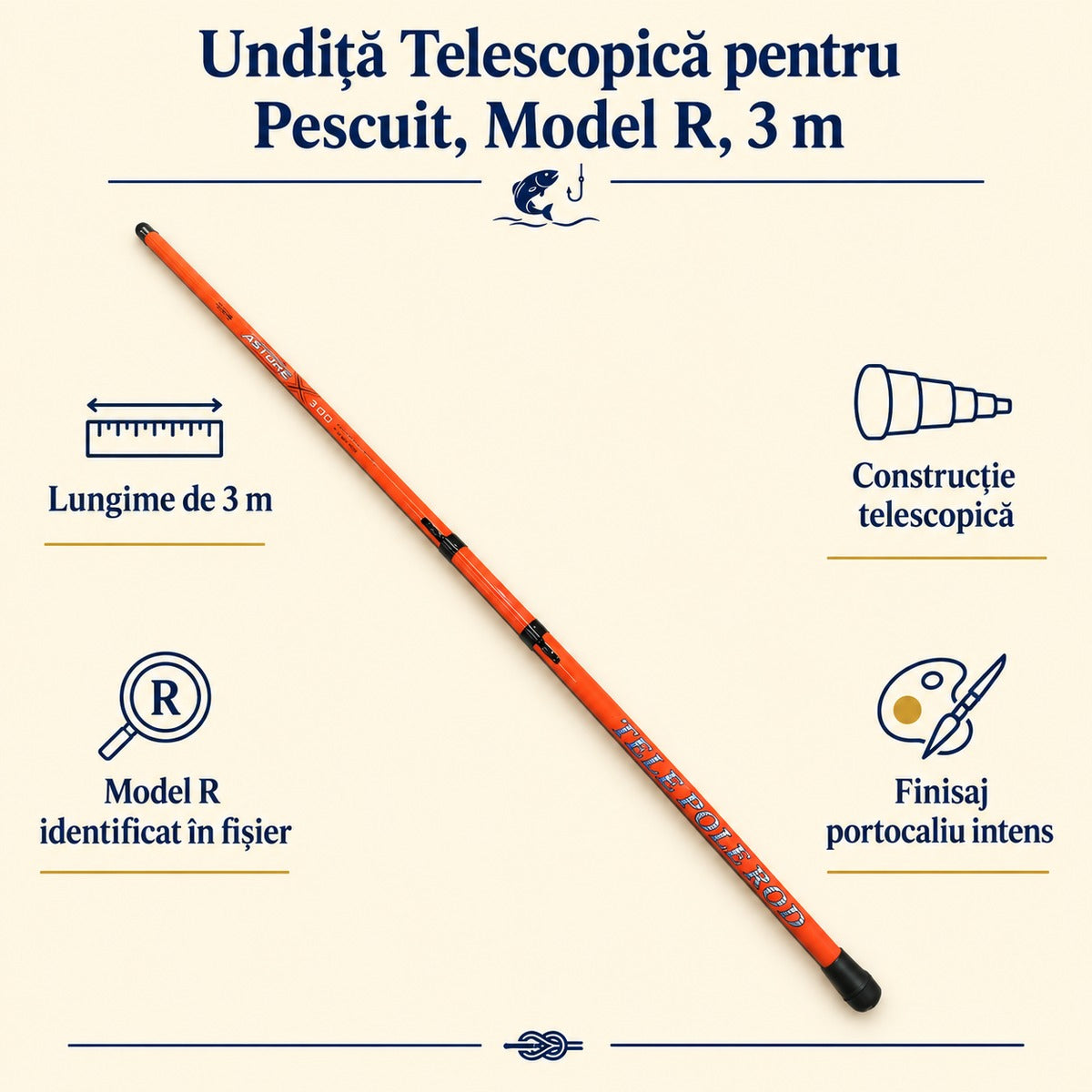 Undiță Telescopică pentru Pescuit, Model R, 3 m – caracteristici și beneficii