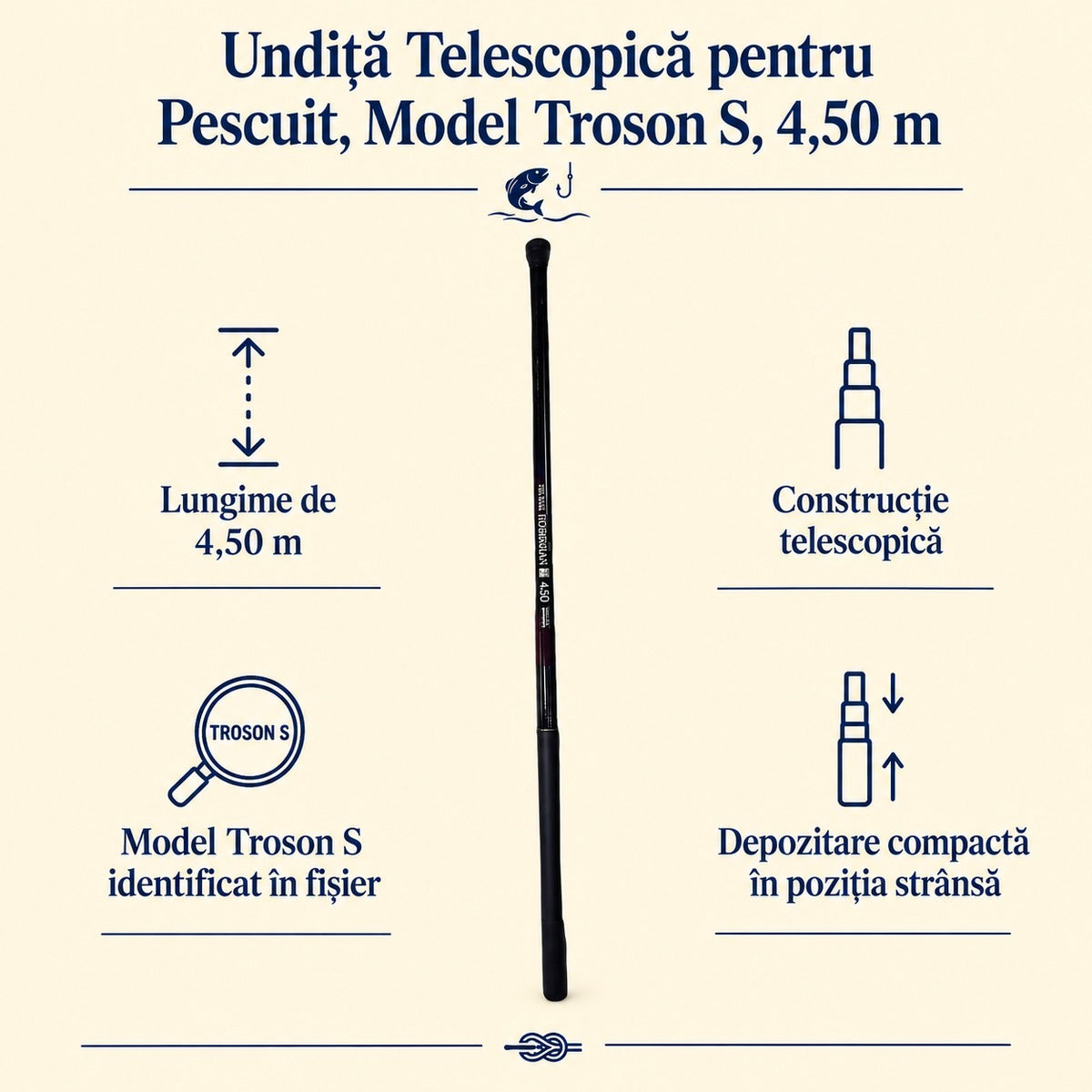Undiță Telescopică pentru Pescuit, Model Troson S, 4,50 m – caracteristici și beneficii