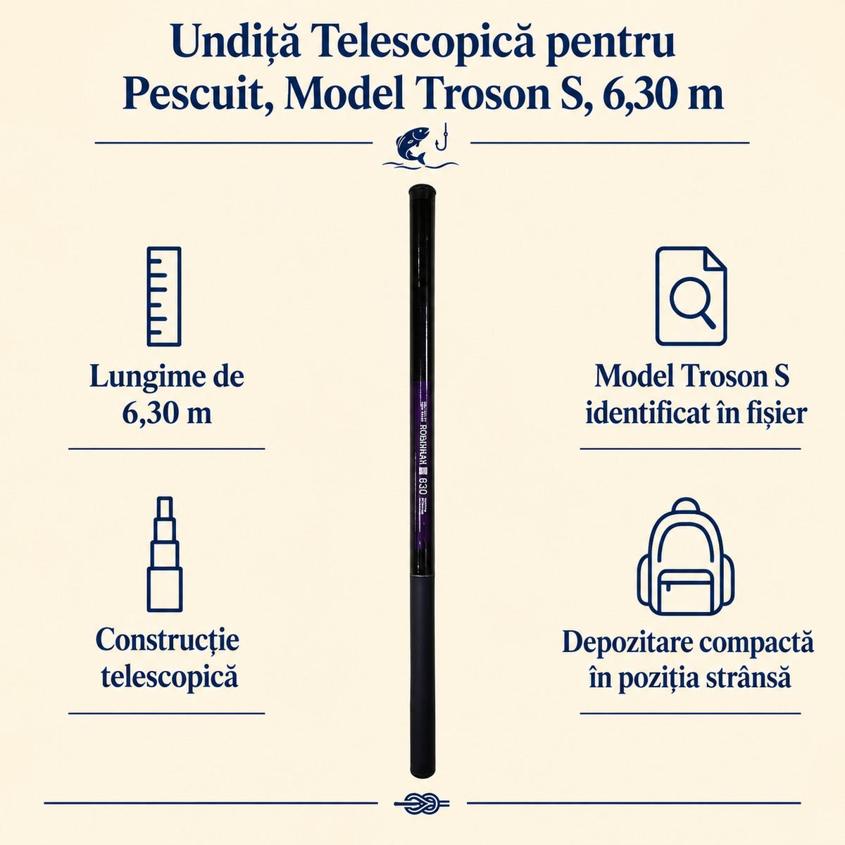Undiță Telescopică pentru Pescuit, Model Troson S, 6,30 m – caracteristici și beneficii
