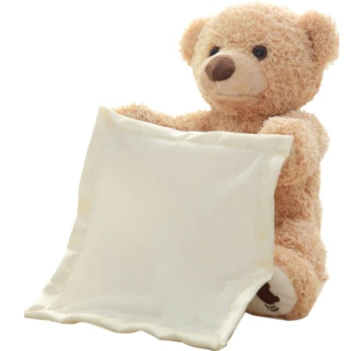 Ursulet de plus FOXMAG24, moale, interactiv, Cucu-Bau, canta si vorbeste, Peek a boo, crem, 30 cm