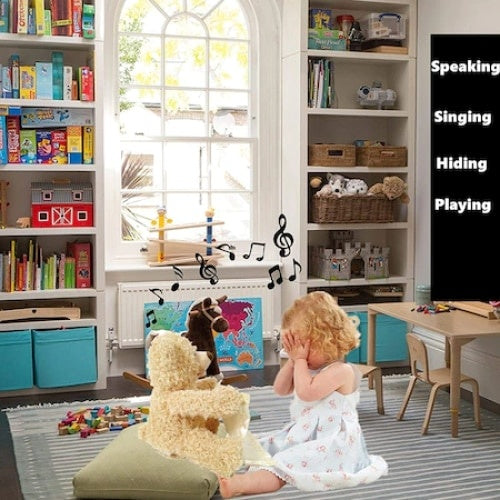 Ursulet de plus FOXMAG24, moale, interactiv, Cucu-Bau, canta si vorbeste, Peek a boo, crem, 30 cm