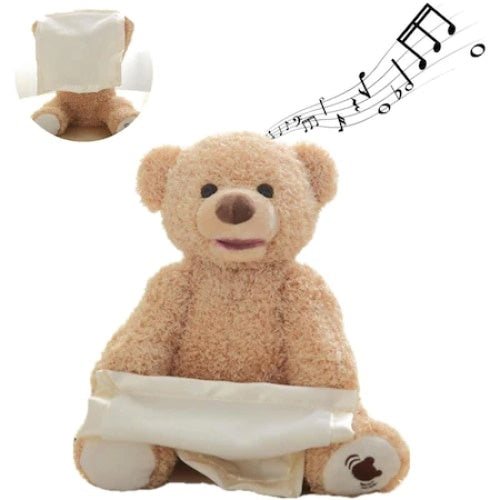 Ursulet de plus FOXMAG24, moale, interactiv, Cucu-Bau, canta si vorbeste, Peek a boo, crem, 30 cm