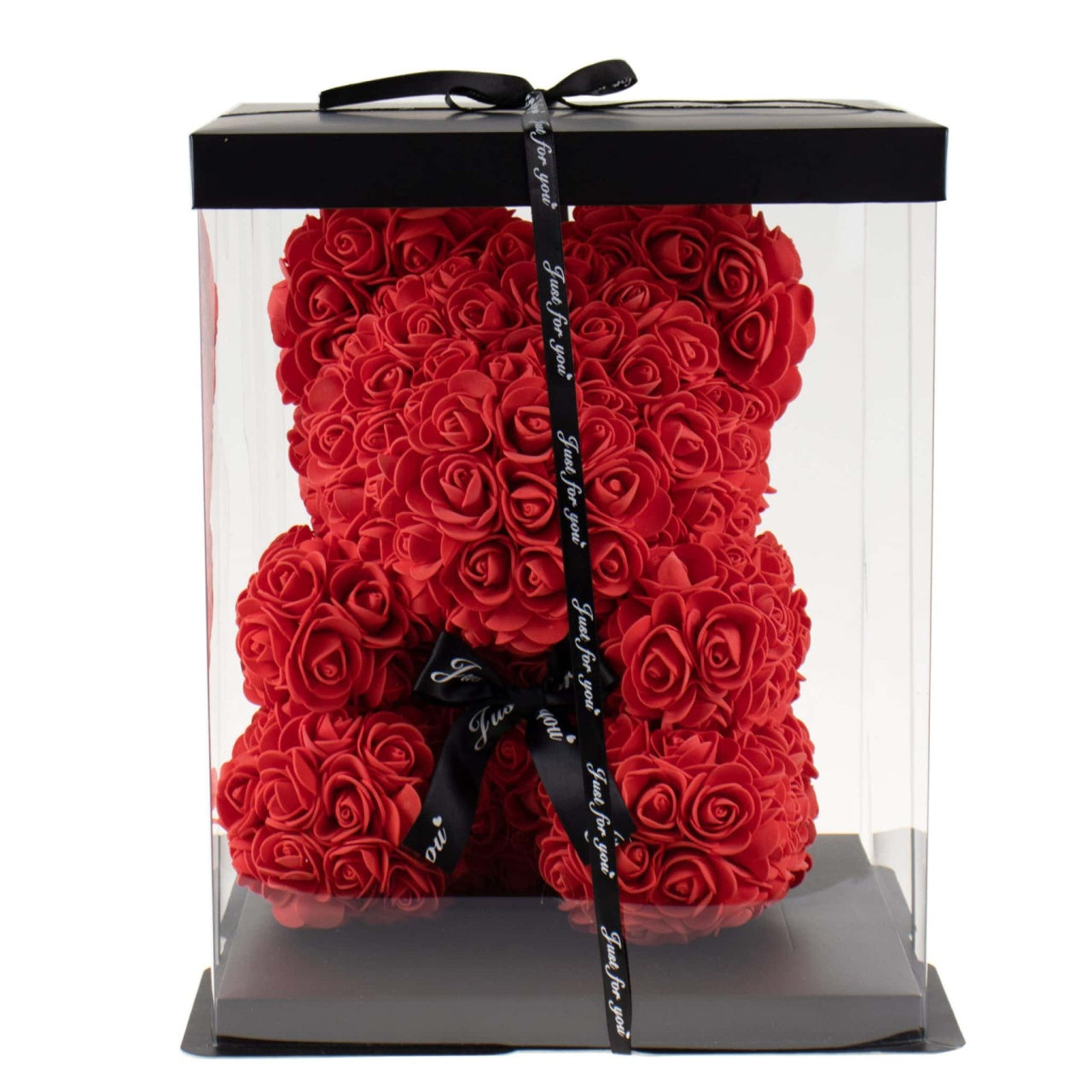 Ursulet decorativ din trandafiri de spuma, 30 cm, rosu, cu cutie