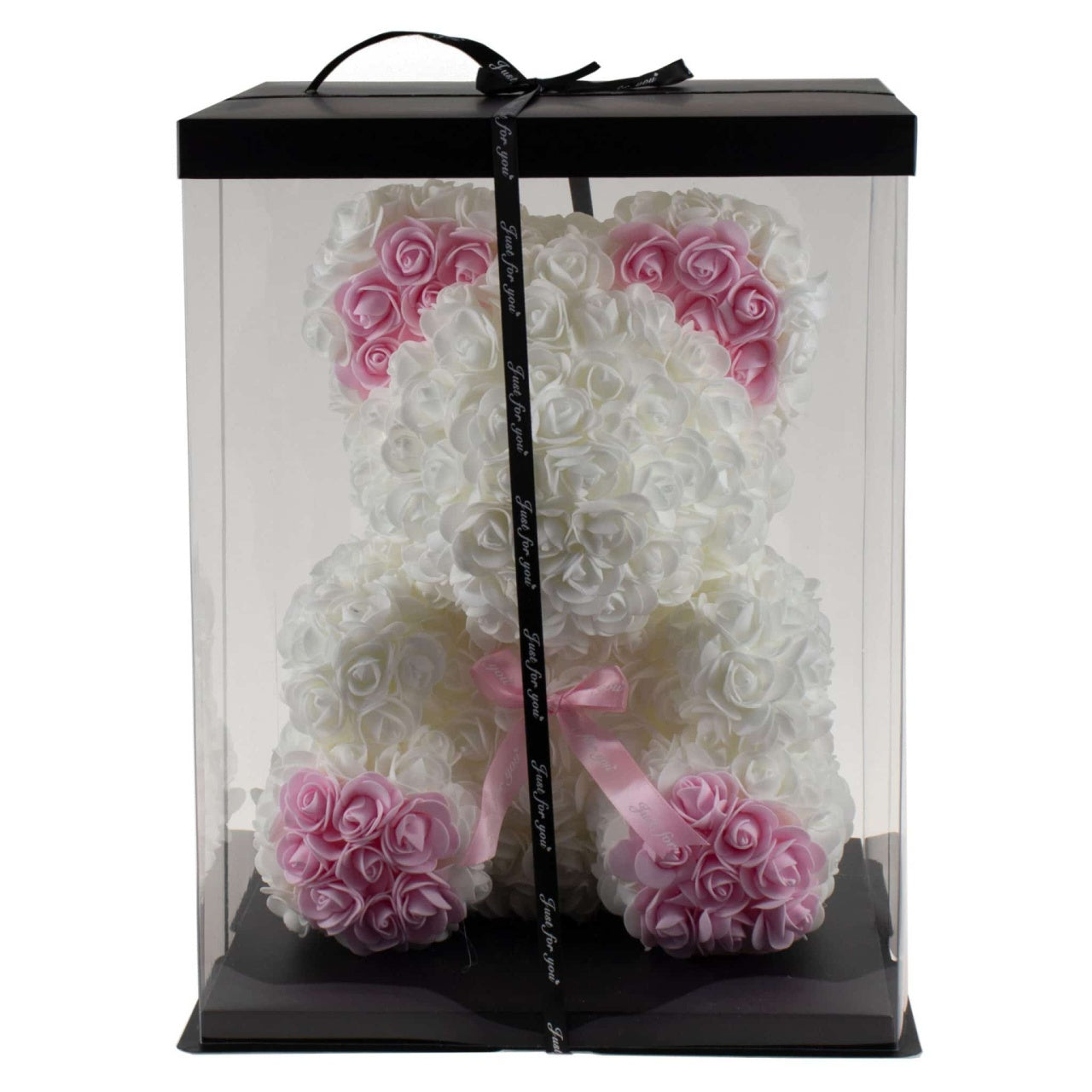 Ursulet din trandafiri de spuma 35 cm alb-roz pal cu cutie elegantă
