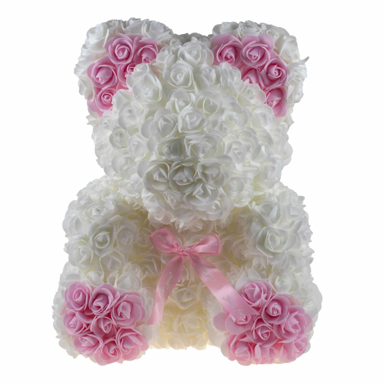 Ursulet din trandafiri de spuma 35 cm alb-roz pal cu cutie elegantă