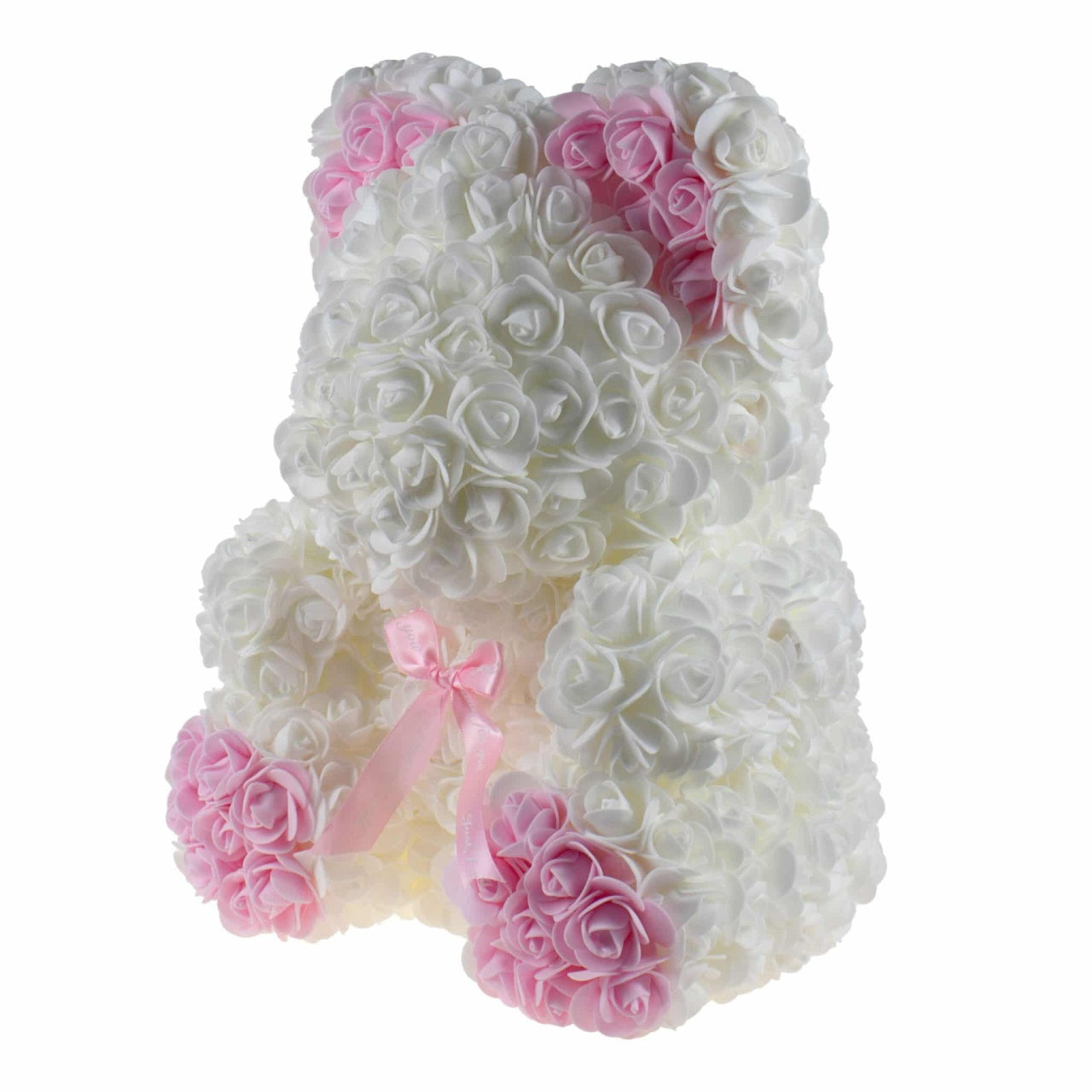 Ursulet din trandafiri de spuma 35 cm alb-roz pal cu cutie elegantă