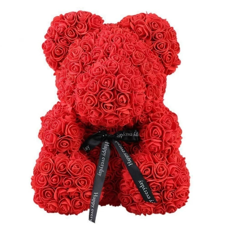 Ursulet floral FOXMAG24, confectionat din trandafiri de spuma, 25 cm, cutie decorativa inclusa, rosu