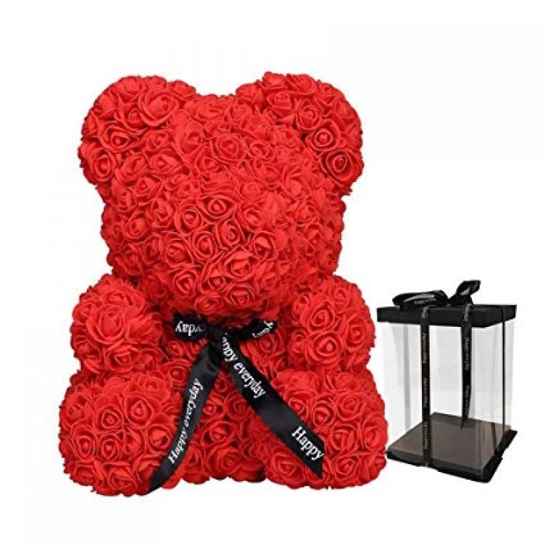 Ursulet floral FOXMAG24, confectionat din trandafiri de spuma, 25 cm, cutie decorativa inclusa, rosu