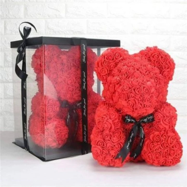 Ursulet floral FOXMAG24, confectionat din trandafiri de spuma, 25 cm, cutie decorativa inclusa, rosu